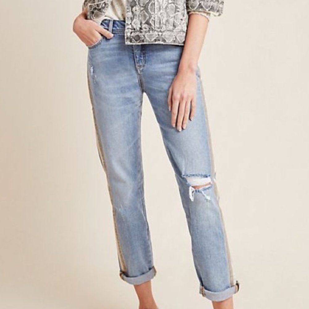 Pilcro and the Letterpress Light Blue Boyfriend Jeans with Tan Side Stripe